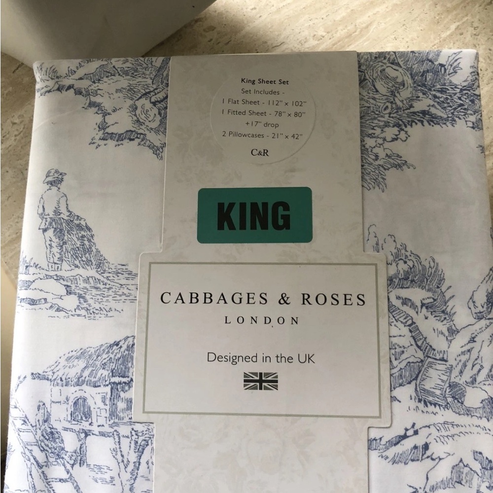 Cabbages & Roses COUNTRY TOILE BLUE White COTTON Percale KING XDP SHEET Set 4 Pc
